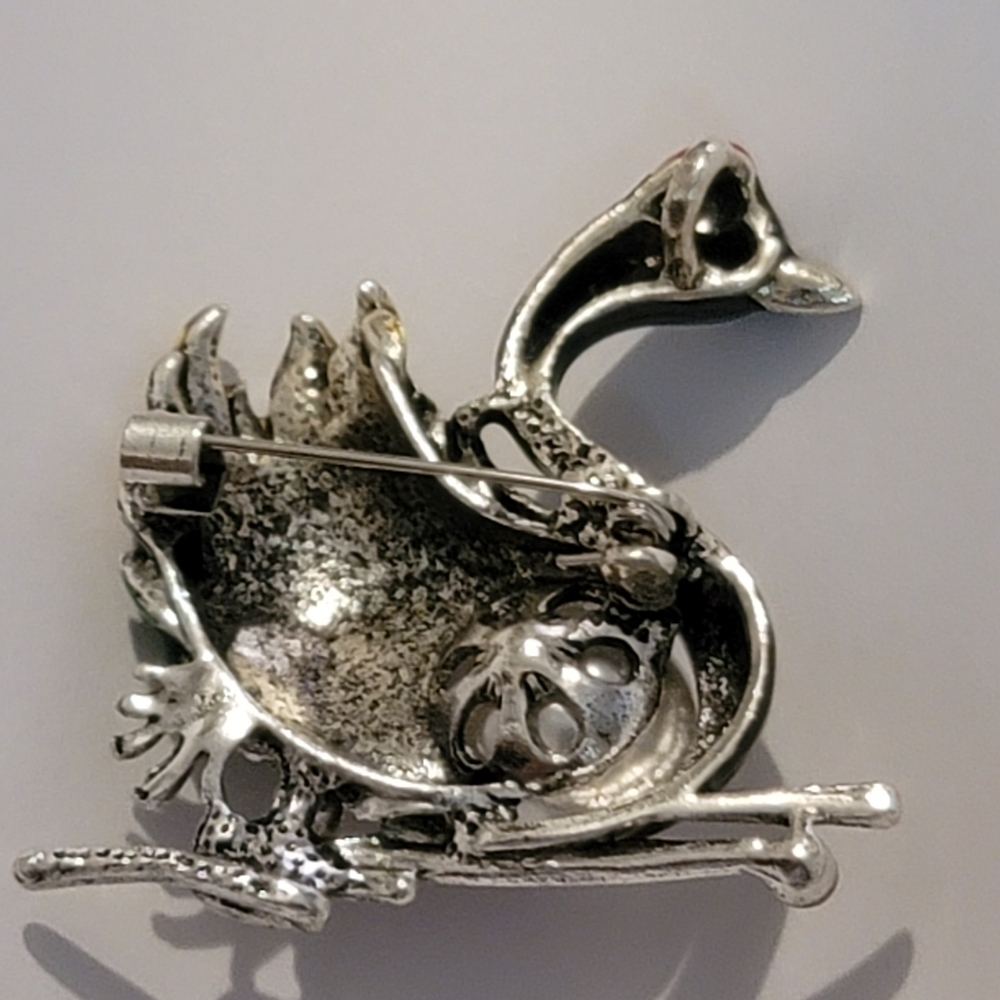 Vintage Black Swan Brooch Pin Multicolor Enamel Faux Pearl Bird Statement - Picture 5 of 6